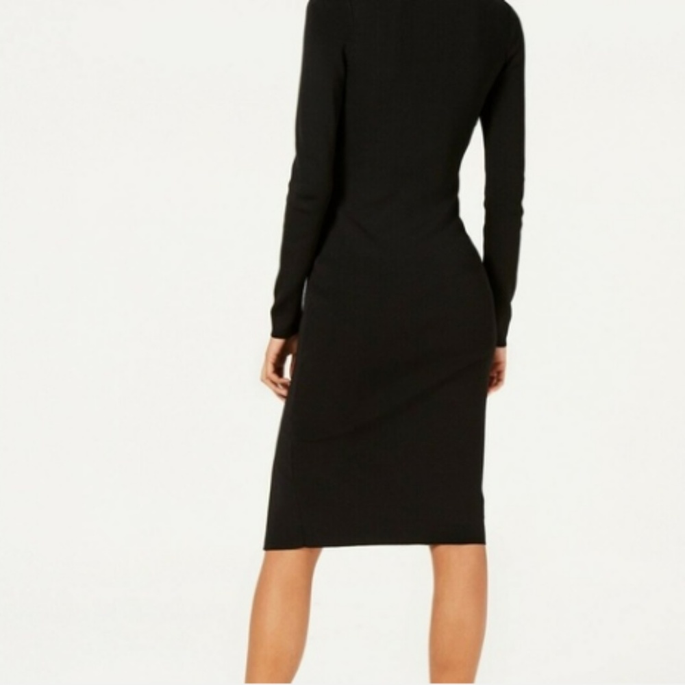 Black Sweater Dress Slit Fitted Long Sleeve Crew - Picture 3 of 8